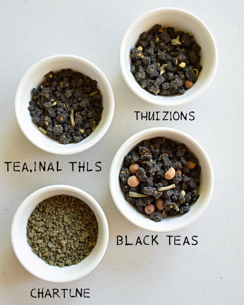 A clean, detailed image of loose-leaf black teas in small bowls, labeled by region, set on a neutral surface with soft lighting.