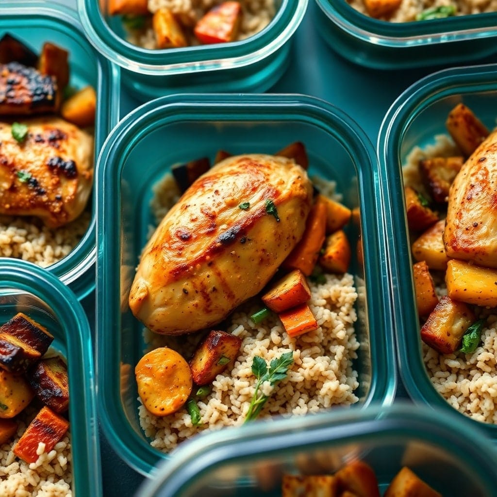meal prep containers filled with grilled chicken, roasted vegetables, and brown rice