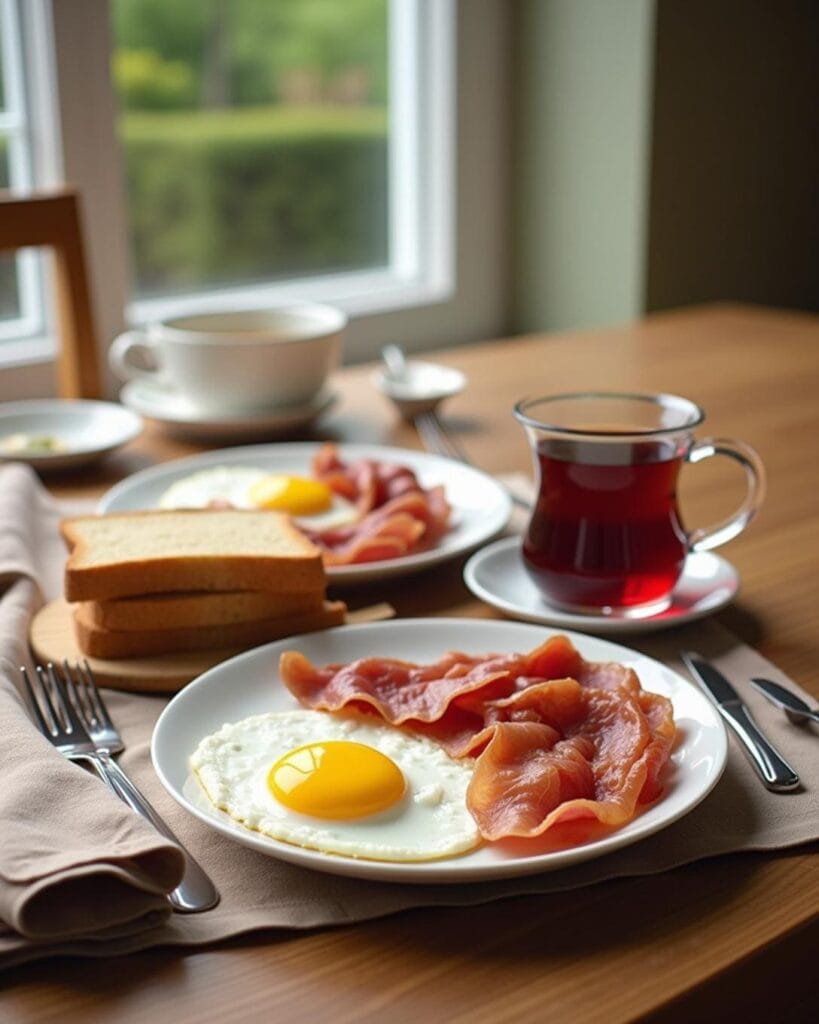 A traditional English breakfast spread with eggs