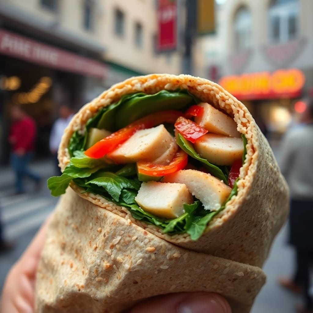 whole-grain wrap filled with sliced turkey, avocado, spinach, and bell peppers