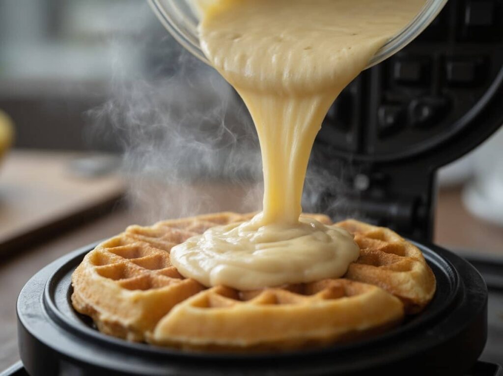 banana Waffle Batter Being Poured Into A Hot Waffle Maker