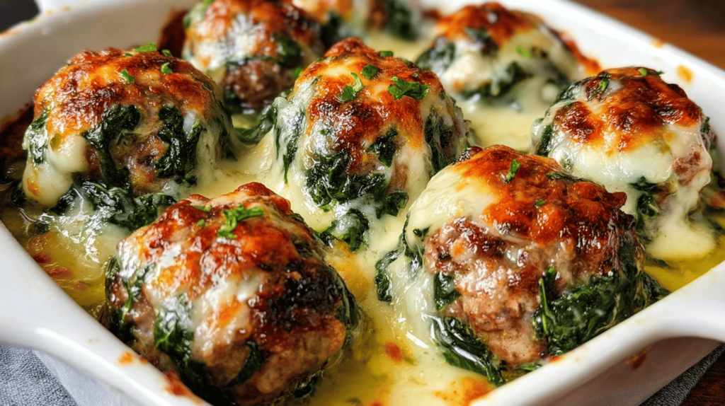 Spinach Garlic Meatballs Stuffed With Mozzarella